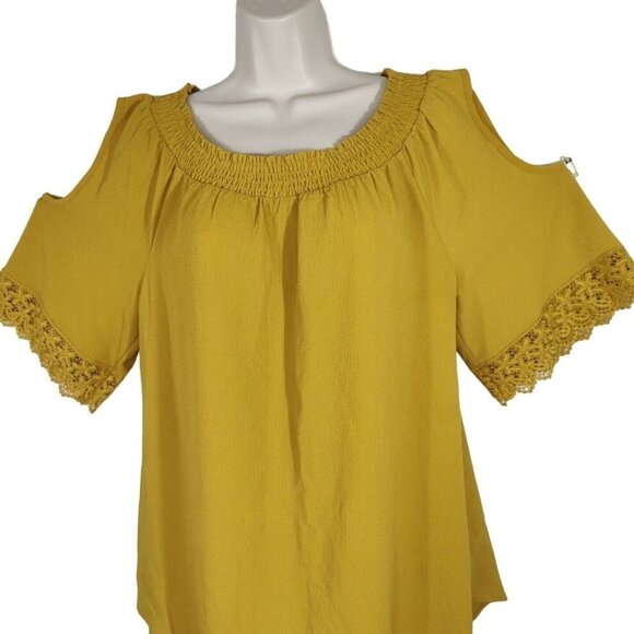 Cato Cold Shoulder Top Off the Shoulder Women Size M Yellow-Brown Short Sleeve - Picture 2 of 9